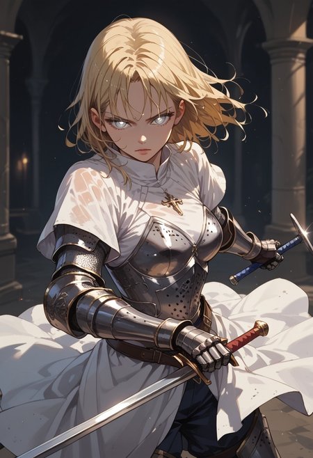 safe_pos, score_9, score_8_up, score_7_up, score_6_up, source_anime, high res image, easynegative, masterpiece,best quality, ultra HD detailed, 1 girl, knight, black armor, white robe, grey eyes, glowing eyes, light makeup, simple background, medium breasts, blonde hair, wet hair, eyelashes, sinozick style, gauntlets, flat color, dark theme, cowboy shot, ((kriegsmesser:1.5,holding weapon):1.4),   silver sword, holding sword,, blurry background, fantasy background, half-swording, one hand on blade, action shot, fighting stance, swinging, swinging weapon,