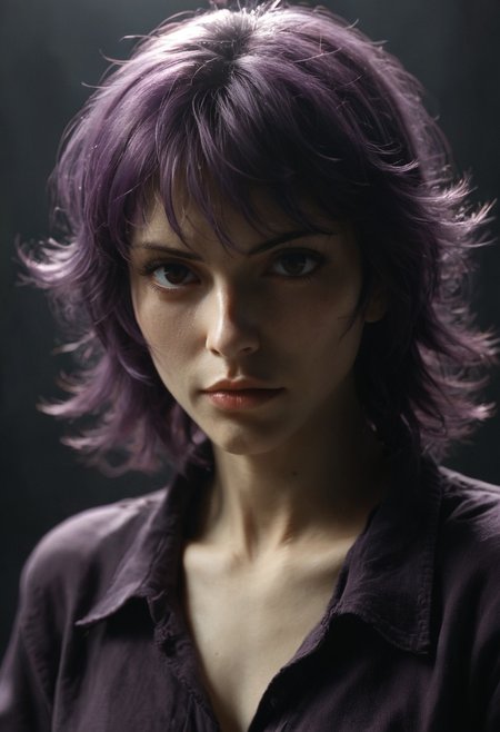 1girl, kusanagi motoko, purple hair, 
1980s \(style\), dark mood, dim light