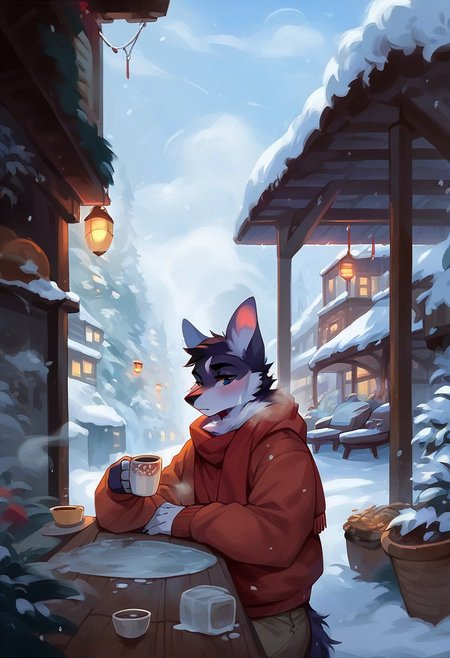 score_9, score_8_up, score_7_up,  ,anthro, furry,  random emotions,  warm clothes, snowfall, frost, winter, a cafe, have a hot drink,steam,