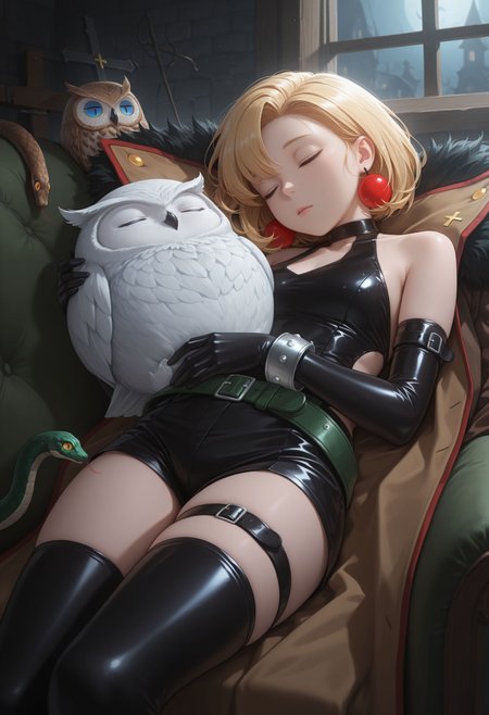 masterpiece, best quality, amazing quality, very awa,absurdres,newest,very aesthetic,
 <lora:Maria (Junketsu no Maria) illu:1> black dress, blonde hair, blue eyes, elbow gloves, jewelry, 1girl, earrings, coat, short hair, black gloves, sleeping, ghost, belt, owl, fur trim, cross, thighhighs, thigh strap, baby, shorts, snake, closed eyes