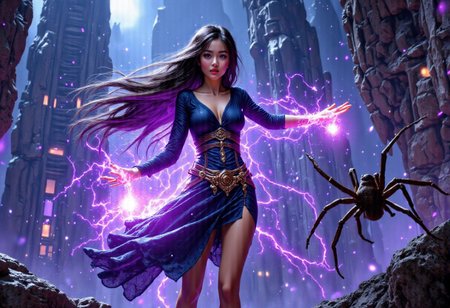 1younggirl, Masterpiece, 8k, ultra high detail, score_7 up, 
volumetric lighting, vivid colors, vibrant colors,  score_8_up, score_9,  very small breast size, very long open midnightblack hair with nightblue shiver,  fcNeg, stunning blue halfasian eyes, suntan skin, small nose, innocent beauty, slim face,  cute face, skinny body, perfect body, extreme detailed body, intence blue eyes,  perfect face, ultra high detailed face, perfect eyes, very petite, human ears, 
Innocent face, innocent beauty, 
Tan Poor Medieval fantasy clothes, ready to fight, 
using violett powerfull magic, magic violett lighting, highly concentrated, casting spell with both hands, 
Huge magical temple in background, fighting agains huge spider, surrounded by spider, spiderweb, 
Fighting agains monsters, using Powerfull magic, using attack magic, fighting scene, Final Attack, aura, magic, bright eyes,  BadDream, final magic attack, ultimate magic attack, energy aura, massive magic attack, 
Kamehameha-Charge,hands cupped together,bent elbows,arms on waist level, holding a glowing orb with massive energy vortex, massive intense magic vortex whirling around girl, mythp0rt, detailed hands,