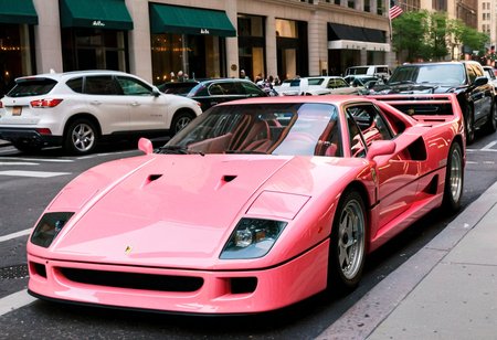 ClassicMuscleCar, gleaming pastel pink Frerrari F40, front view, sunny, New York fifth avenue, 4K, highly detailed, (((stylish grainy analog 35mm film photo)))