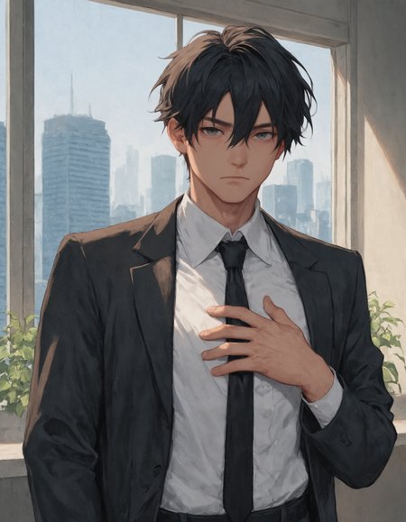 score_9, score_8_up, score_7_up, solo, looking at viewer, shirt, black hair, 1boy, hair between eyes, closed mouth, suit jacket, white shirt, upper body, collared shirt, black necktie, hand on own chest, skyscraper, window,  <lora:sn0w:1>