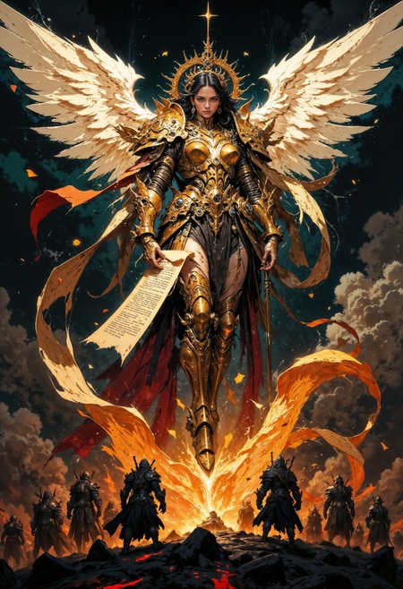 cinematic photo. Highly detailed and dramatic digital artwork featuring a powerful angelic woman in the center, surrounded by a dramatic, dark background. The central figure is clad in ornate golden armor with red accents, featuring large, white, feathered wings spread wide. The gorgeous angel is hovering in the air. A radiant halo of light emanates from behind her head, casting a divine glow. The angel holds a sword in her right hand, and a scroll unfurls from the left hand, inscribed with ancient text. Below, three armored soldiers with helmets and rifles stand on a fiery battlefield, adding a sense of conflict and intensity. The overall composition is dynamic, with a strong contrast between the celestial figure and the dark, smoky environment, emphasizing themes of battle and divinity. 35mm photograph, film, bokeh, professional, 4k, highly detailed
<lora:Anime v1.3:0.6> <lora:VividlySurreal:0.6> <lora:FLUX-daubrez-DB4RZ-v2:0.4>  <lora:FluxMythP0rtr4itStyle:0.6>