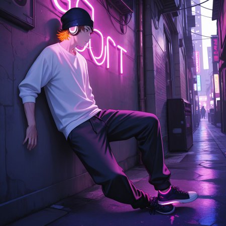 masterpiece, best quality, amazing quality, absurdres, newest, detailed background, definition so sharp, Ultra-HD, 8K cinematic, very awa, impressionate, amazing quality, highres, 
solo, male focus, manly, 
1boy, short hair, beanie, headphone, misaki_orange hair, misaki_brown eyes, misakiyata, casual streetwear, graphic t-shirt, city alley, vibrant lighting, neon glow, upbeat, cool, rhythmic, youthful spirit, leaning against wall, tapping foot, listening to music,