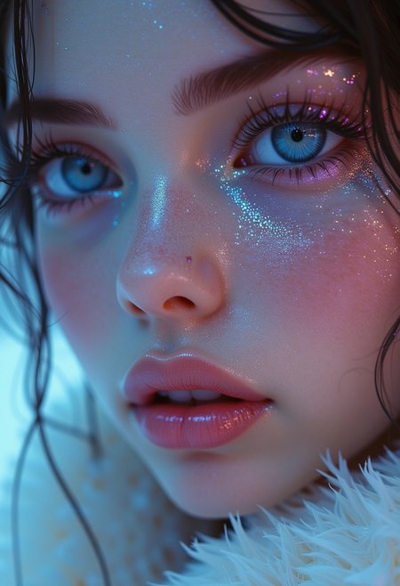 This is a highly detailed, digital artwork in a hyper-realistic style, showcasing a close-up portrait of a young woman. The subject has fair, smooth skin with a slight sheen, adorned with glittering, iridescent particles that shimmer in shades of blue, pink, and purple, giving a magical, ethereal quality. Her eyes are a striking blue, with long, thick eyelashes and a subtle, piercing gaze.