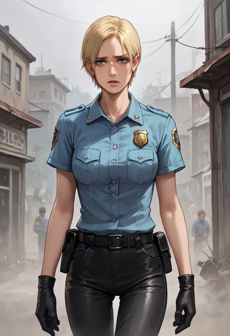 Score_9_up, score_8_up, score_7_up, score_6_up, source_realistic, cowboy shot, BREAK worried, parted lips, 1girl, cybilbennett, blonde, short hair, blue police shirt, badge, black leather pants, gloves, foggy atmosphere, low light,