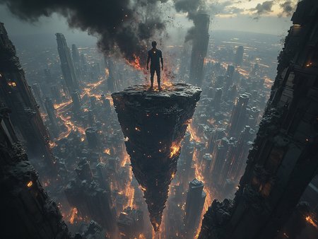 In a dark, gritty, futuristic cityscape, a massive, modern sports logo hangs precariously from a crumbling skyscraper, its edges crackling with an otherworldly energy. The camera tilts upwards, revealing a sea of twisted, fractal-like architecture as far as the eye can see.  At the center of this dystopian metropolis, a lone figure stands atop a floating island, their face set in a determined grimace as they gaze out at the viewer. The air around them churns with chaotic smoke and sparks, which seem to be drawn towards the dark glow emanating from, <lora:Flux_Turbo_Alpha.safetensors:1.0> <lora:æé»ç³»_flux.safetensors:0.5> dark ahx <lora:aidmaMJ6.1-FLUX-v0.4.safetensors:0.6> aidmaMJ6.1