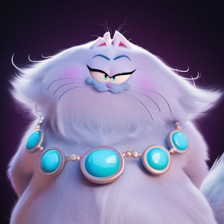 score_9, score_8_up, score_7_up, masterpiece, best quality, highly detailed, realistic, 1girl, solo, (JinxGF,furry, anthro, feline, female cat, persian cat, cut ear, pink inner ear, blue eyebrows, thin eyebrows, light-blue eyes, black pupils, pink nose, pink cheeks, whiskers, white body, white fur, tail, fluffy tail, overweight female, neckwear, blue necklace), looking at viewer, smile, closed mouth, Expressiveh, purple background, simple background