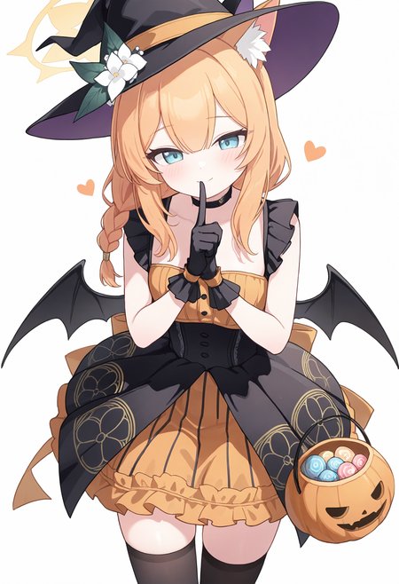 ,mari \(blue archive\), 1girl, solo, long hair, looking at viewer, blush, smile, blue eyes, simple background, white background, gloves, dress, thighhighs, hat, hair between eyes, closed mouth, braid, heart, cowboy shot, frills, wings, black gloves, alternate costume, choker, black thighhighs, striped clothes, orange hair, black dress, black headwear, single braid, witch hat, frilled dress, index finger raised, black wings, finger to mouth, halloween, halloween costume, yellow halo, shushing, orange dress, animal ear headwear, halloween bucket,<lora:Nonddu_Style_NBV1.safetensors:0.95:1>,,masterpiece,best quality,newest,absurdres,highres,very awa,detail background <lora:None:0.9500000000000002>