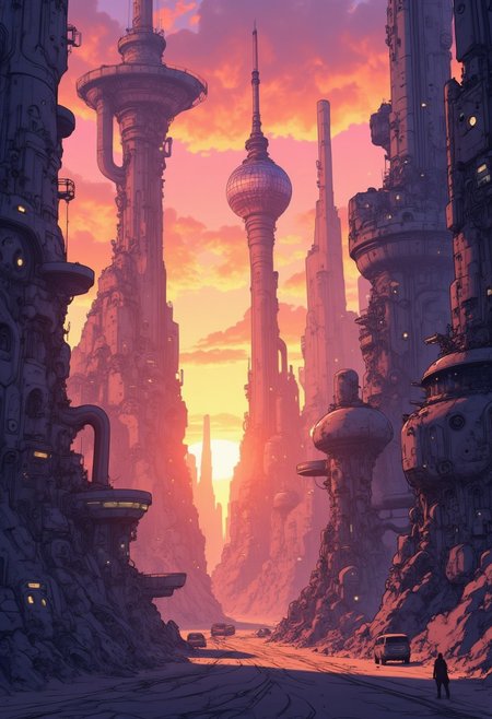 in the style of cksc, anime, streetview of futuristic sc-fi city, towers, domes and skyscapers, sunset, rule of thirds, perfect lighting, sunset, HD32K, wallpaper, hyperdetailed