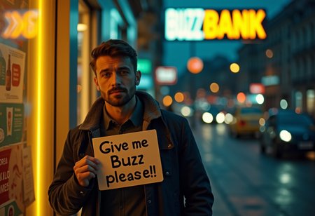 (upper body:1.2) photo of european 30 years old man, man walk in "BUZZ BANK", with yellow lightning neon 
beside it, the man holding a big sign that says "Give me Buzz, please!!" (close up:1.2), (looking at the camera:1.3),  detailed short hair, 21 century, (looking at the viewer:1.2), gloomy twilight, gloomy atmosphere, cloudy weather, night cinema shot, <lora:CineStyle5:0.7> 111cine8matic55