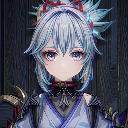 GenshinAvatar, (a girl with long light blue hair in a braided ponytail with a flower hairclip on it hair has split bangs, and blue eyes eyes,hydro character,hydro inazuma vison,wearing a blue kimono with a collar,outfit with blue charms and gems.:1.4), highly_detailed, illustration, portrait, (((masterpiece))),(((bestquality))), (black_background:1.4), simple_background, <lora:GenshinAvatarV2:1>