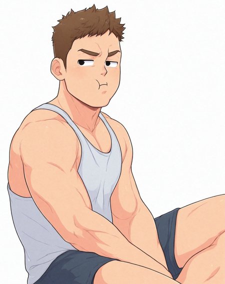 safe_pos, BREAK solo, 1boy, solo, brown hair, black eyes, short hair, pout, looking aside, sitting, shorts, tank top, simple background, muscular, BREAK white background,BREAK 2024, 2023, masterpiece, best quality, amazing quality, newest, highres,   <lora:GakuSuru:0.8>,