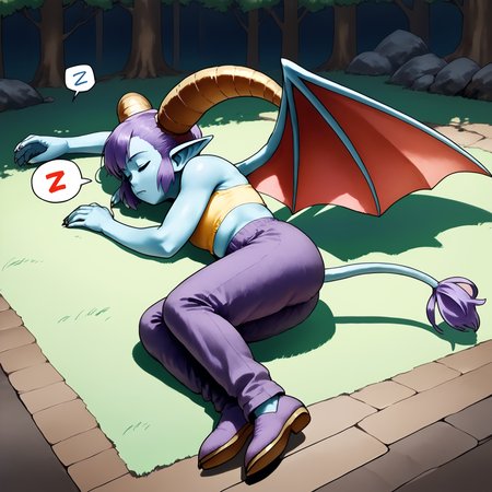 score_9,score_8_up,score_7_up,best quality,masterpiece,super detailed,extreme detailed,full_body,zPDXL,source anime BREAK nature,forest,no humans,
<lora:Pony_DetailV2.0:1>,barbatos_(dq),demon horns,demon wings,demon tail,colored skin,<lora:barbatos_(dq):1>,sleeping,closed eyes,spoken zzz,on_back,lying,