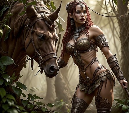 RAW photo, (masterpiece:1.3), subsurface scattering, heavy shadow, (high quality:1.4), (intricate, high detail:1.2), professional photography, HDR, High Dynamic Range, realistic, ultra realistic, photorealistic, high resolution, film photography, ambient lighting, atmospheric effects, <lora:detail_slider_v4:2>, OverallDetail, a female warrior, TriWa, <lora:TribalWarrior-10:0.7> in a fantasy jungle, FanJu, <lora:FantasyJungle-10:0.6>, holding a spear,   style-sylvamagic, epiCPhoto,