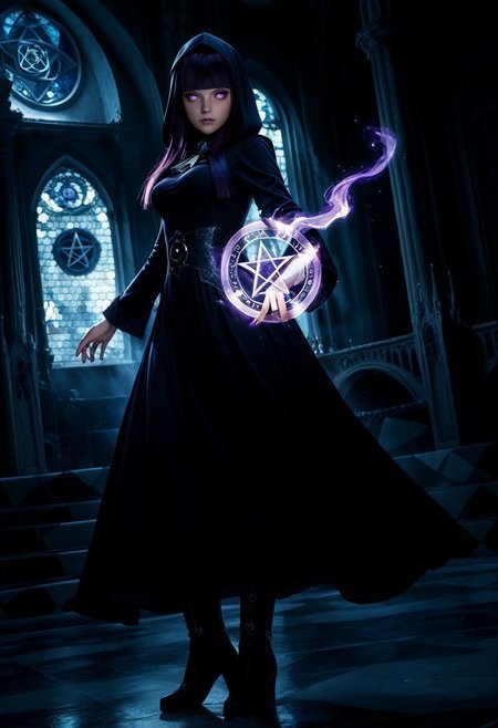 score_9, score_8_up, score_7_up, score_6_up, k9r0, Darmagmb, very aesthetic, detailed face, full body, action shot BREAK 1girl, 25 years old, action pose, dark aura, casting spell, magical, purple spell, purple magic, Spell hexagram, purple aura, dark aura, purple magic hexagram, cute face, purple eyes, skinny body, black hair, blunt bangs, hime cut, black dress, long dress, long sleeves, hood, cloak, boots BREAK indoors, old castle, hall with artifacts, old books,