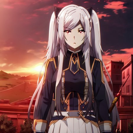 Black hair ribbon, gray hair, long hair, twintails, red eyes, large breasts, two side up, single hair bun, ponytail, wearing a shiny silver knight's armor with intricate engravings, holding a sword, standing on a battlefield at sunset, dark clouds in the sky, dramatic and intense atmosphere