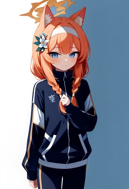 score_9, score_8_up, score_7_up, upper body Mari_(Track)_(Blue_Archive), blue_eyes, orange_hair, braid, long_hair, flat_chest, halo, hair_flower, animal_ear_fluff, gym_long pants,blue_pants,track_jacket, blue_jacket, white_hairband Mari_(Blue_Archive), Mari_(Blue_Archive), easynegative, 
ncpy45 style watercolor