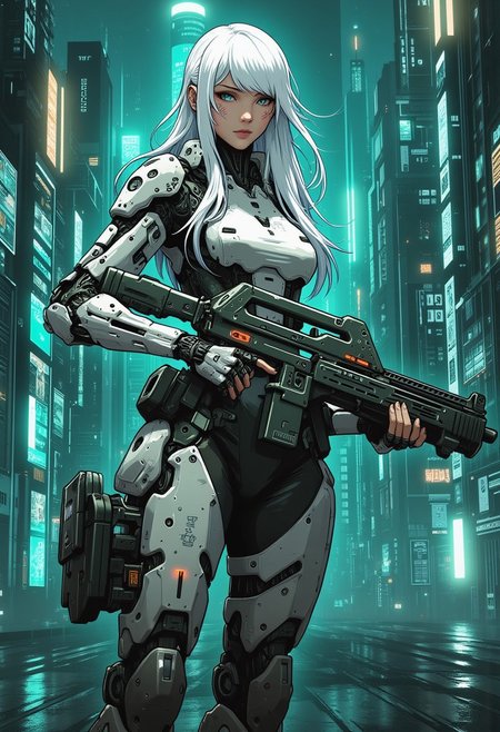 mad-cbrpnksplshrt full of details but with faded outlines, white braded hair cyborg girl soldier in combat armor with one robotic arm and one robotic leg holding a pulse rifle with glowing energy panels, and in the background new york city disintegrating into the matrix behind, best quality, sharp image,