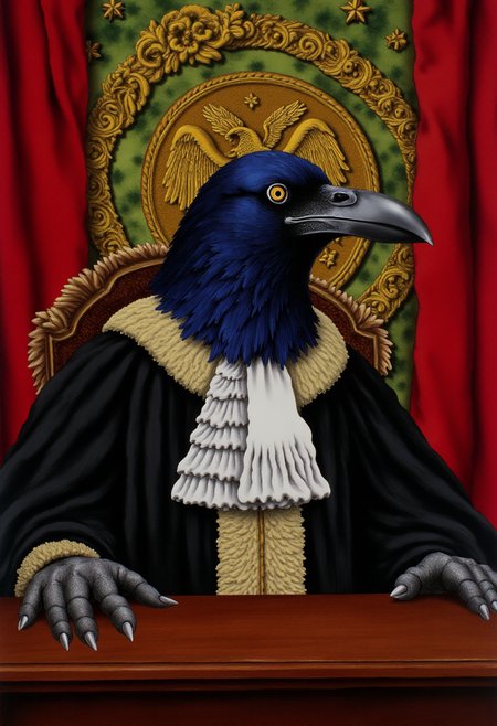 <lora:kft-montys-submarine-style:0.9>
The image is a vibrant, highly detailed kftcc style digital artwork featuring     A crow as a judge presiding over a courtroom.