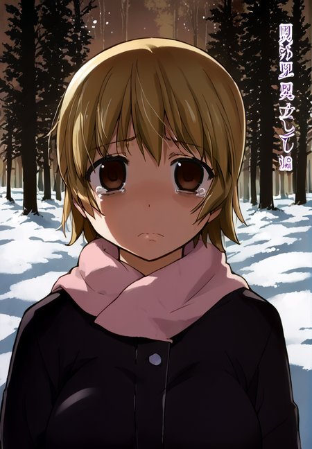 score_9, score_8_up, score_7_up, source_anime, 
,blond hair, , 1girl, brown eyes, nonopnxl, short hair, looking at viewer , over shoulder , face focus  , large breast, sad , empty eyes, tear, scaered ,
snow, forest ,  <lora:DetailedEyes_V3:1> <lora:tweak-detail-xl:1>  <lora:easynegative:1> <lora:H001PXL:1> color manga  , <lora:Nonocl_Nonomiya_Nononono-000007:1>