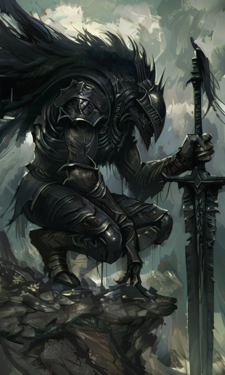 A dark atmospheric digital painting of a fearsome armored creature holding a large curved and serrated sword with a flowing dar cape crouching menacingly in a shadowy stormy landscape. <lora:- NAI - PdJ_highres_counterweight_V.2.0-step00021000:0.7>   <lora:- NAI - ac_illustration_V1.0-step00011000:.6>