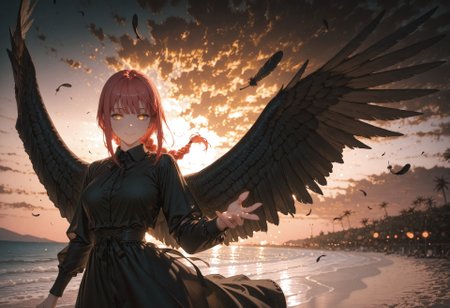 ((front view,standing,smile,hand reaching to viewer:1.5))

((1 girl,Makima, ringed eyes,  red hair, braided ponytail, bangs, yellow eyes, sidelocks, medium hair, long hair,glowing eyes,))

(black dress,:1.5),((large black wings:1.5)),((floating feathers))

(Beach:1.5),(sunset,orange sky,golden hue:1.5)

((negative space:1.1)),((dynamic angle:1.5)),((foreshortening:1.5)),((extreme perspective:1.4)),(dynamic pose:1.5)),(bokeh around character:1.2)

artist:moriimee,Smooth_Quality,amazing quality, ((aesthetic:1.3)),((4k,8k,Ultra HD)),((Masterpiece :1.2)),((Best quality :1.2)),((Detailed :1.5)),((Detailed background :1.5))