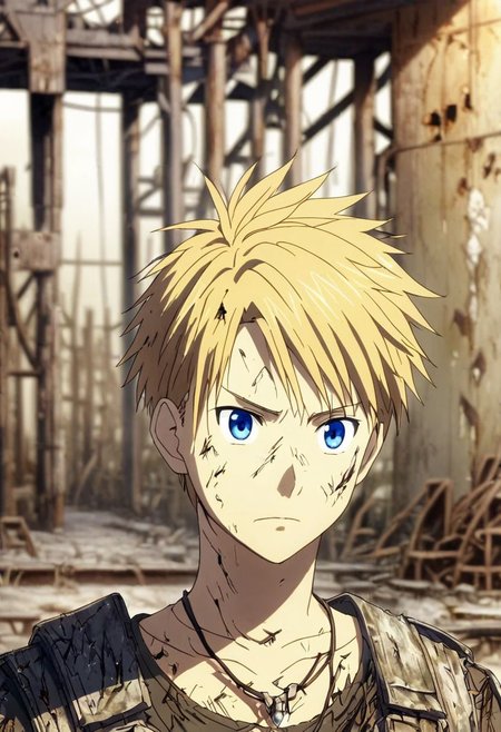 high resolution, solo, best quality, 1Boy, Yamato Ishida, Blond Hair, Blue Eyes, Necklace, shallow depth of field, Post-Apocalyptic, survival, OverallDetail