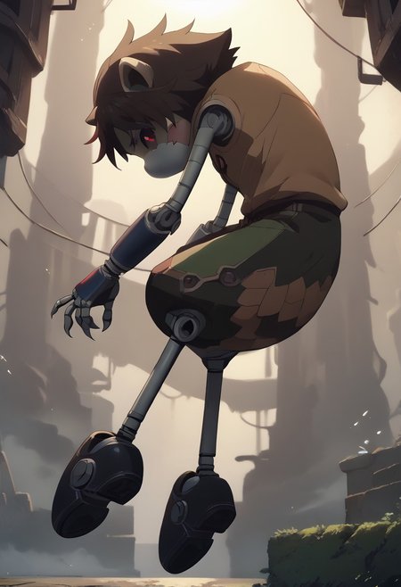 score_9, score_8_up, score_7_up, (best quality:1.1), ultra-detailed, high resolution, 8K, ((tall, 6ft tall, no mouth, long legs)), long legs, Metal Raccoon, robot, brown beige metal skin, black sclera, red pupils, pointy metal nose, gray claws, green core, black shoes, fist, battle stance, arms at sides, floating, factory, raccoon tail, BREAK outside, Rich, Detailed background, ambient light