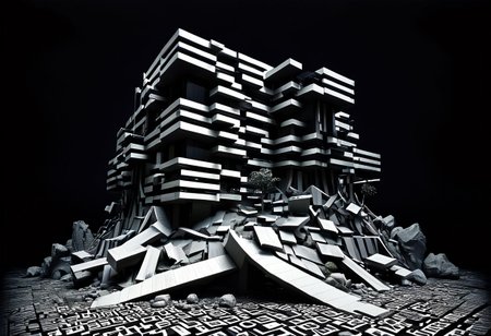modern impossible architecture, stripe, line, doodle, erratic, melting, chaotic, glitchy, calligraphy, negative, excessivism, complex, escher, hyperdetailled, contemporary art, work on perspectives, Architecture photography, dark, low-key, chiaroscuro