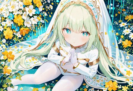 Best quality, masterpiece, fantasy flower garden, view from above, one petit priestess girl with flat chest, shining hands bound in prayer, standing upright, detailed light green long loose hair, priestess' veil, cute smooth face, gentle smile, detailed light blue eyes, detailed make up, jewelry, pure white clothes, shawl, white turtleneck leotard with long sleeves and gloves, slim waist, slim belly, thick clavicle, micro skirt, thick hips, thick thighs, white tights, heels