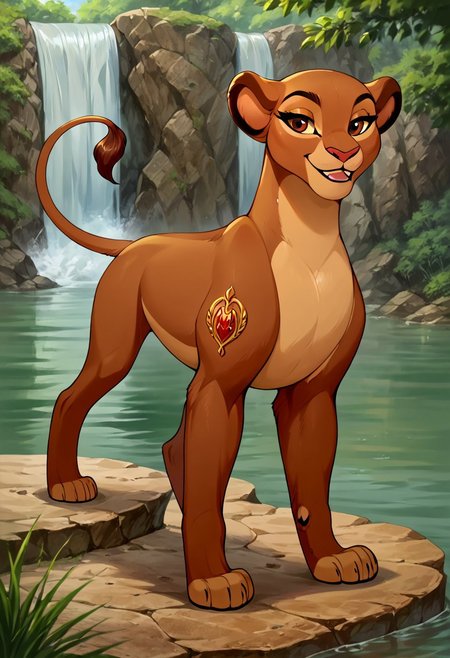 score_9, score_8_up, score_7_up, by reallynxgirl,  BREAK, solo, rani, lioness, ((feral)), female lion, fullbody,  brown body, reddish brown eyes, smiling, seductive pose, detailed background,  (seductive pose:1.2), (raised tail:1.6), lake, waterfall background, detailed background, front view, (seductive face), (teasing), (looking at viewer)