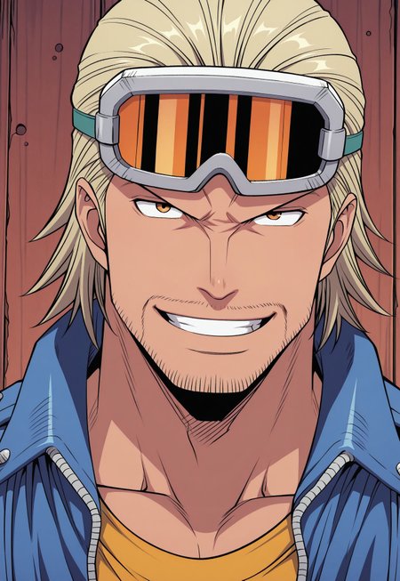 solo, masterpiece, modern, new, 1boy, male, masculine face, daddy looking face,

OPPaulie, blonde hair, facial hair, goggles, blue jacket, shirt, headshot, portrait, looking at viewer, smiling