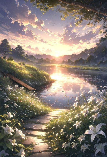 detailed background,( Calm spring night landscape), amongst lush greenery, beautiful view, lily flower in full bloom, lily flower, early morning, sunrise sky, beautiful clouds, dappled sunlight, beautiful, Tranquil Lake, Walkway, petals dancing in the wind, depth of field, masterpiece, best quality, ultra-detailed, very aesthetic, illustration, perfect composition, intricate details, absurdres, moody lighting, wisps of light, no humans,