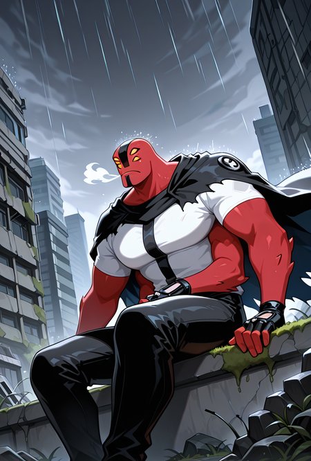 <lora:fourarms-05:1> fourarms, red skin, solo, male focus, yellow sclera, no pupils, 4 eyes, , fingerless gloves, , 4 arms , large pectorals, underbite, multiple arms, white shirt, survivor clothes, straps,, destroyed city, sitting, cloaked up, cloak, torn cloak, post apocalyptic city,  wind blowing, upper body, moss, dark day, raining, dark sky, gray sky, cloak covering body,, masterpiece, best quality, amazing quality, very aesthetic, absurdres, newest,