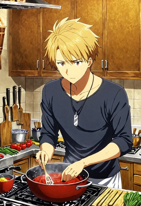 high resolution, solo, best quality, 1Boy, Yamato Ishida, Blond Hair, Necklace, cooking, kitchen, OverallDetail