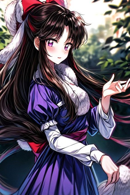 masterpiece,  best quality 1girl Setsun4 solo long hair,  (night time) forest background black hair very long hair purple eyes multicolored hair armor (fur trim) (medium body),<lora:EMS-179-EMS:0.800000>,<lora:EMS-293862-EMS:0.800000> bow, hair_bow, hair_tubes, red_bow, brown_hair, long_hair, bangs, sidelocks, ascot, brown_eyes, frilled_bow, yellow_ascot, blush, smile, hair_between_eyes, athletic
