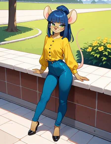 masterpiece, best quality, very aesthetic, absurdres,
outdoors,casual, 
full body, standing, posing, 
seductive smile, parted lips, long eyelashes,
<lora:Dewey_Teagarden_v01_NAIXL:1>
D3w3y,1girl,solo,furry,furry female,mouse girl,mouse ears,long hair,blue hair,high ponytail,sidelocks,blunt bangs,green eyes,semi-rimless eyewear,snout,animal nose,body fur,yellow fur,mouse tail,