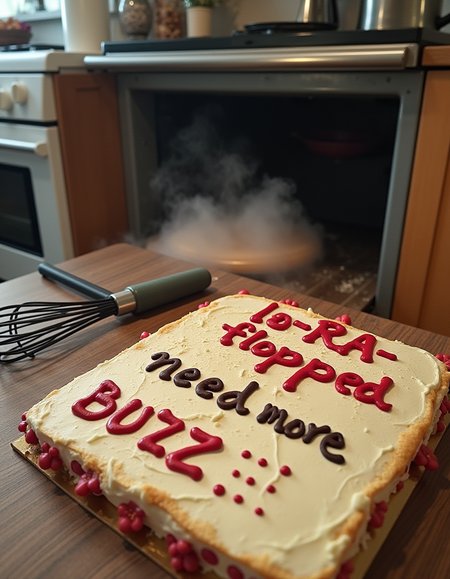 A kitchen scene featuring a slightly open oven with smoke billowing out, clearly showing that something went wrong with the baking inside. There's no cake in sight â just the aftermath of a baking disaster. On the counter or table nearby, decorative icing is written directly on the surface with the words: "loRA flopped - need more BUZZ". The vibe should be chaotic yet funny, with scattered baking ingredients, a whisk tipped over, and maybe a frustrated or confused atmosphere in the air.