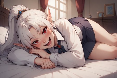 score_9, score_8_up, score_7_up, score_6_up, BREAK long legs, sexy, beautiful woman, perfect face, perfect eyes, pale skin, gogalking, <lora:gogalking 1024 6:0.7>, ponytail, ((white hair)), pointy ears, red eyes, long hair, elf, eyebrows visible through hair, looking at viewer, (laughing), blush, lying on side, indoors, white shirt, collared shirt, skirt,