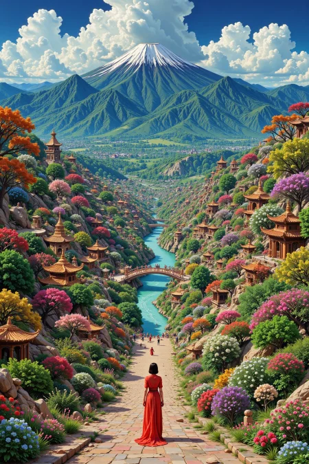 An oriental fantasy city beautiful  landscape, day, woman, very intricate, very detailed, sharp, bright, colorful, <lora:Hand v2:0.5> <lora:Anti-Blur:1><lora:Insane Detail Slider:0.25>  <lora:flux.1_lora_flyway_Epic-detail_v2:0.3> <lora:fluxenhancer:0.25> <lora:90s-anime:1> retro anime, 77oussam 90s, studio ghibli style, 1990s anime