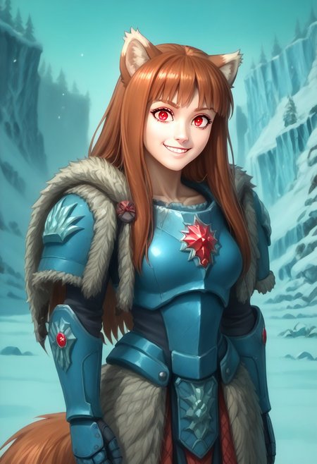 score_9, score_8_up, score_7_up, masterpiece, perfecteyes, holo, brown hair,long hair,red eyes, wolf girl,wolf ear,wolf tail, solo, , looking at the viewer, detailed background, wearing power armor, spcwlf, front view, proud smile, ice, snow, icy cavern, outdoors, fur cloak, holo in spcwlf armor, hands akimbo, she says "Afraid not citizen, holo protects"