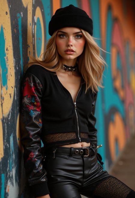 In an edgy urban environment, a young Scandinavian model poses dramatically, her fierce expression contrasting with the colorful graffiti backdrop. Dressed in a combination of high fashion and street style, the scene pulsates with energy and attitude. Shieldsâ unconventional approach captures the raw interplay of glamour and rebellion, making the moment feel alive and daring.<lora:MyLoras\Scandinavian Girls Oct4th\ScandiGirl_Style-000015.safetensors:1.0:1.0>