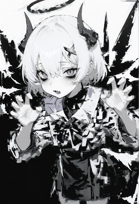 1girl, solo, white hair, short hair, hair between eyes, demon horns, x hair ornament, wings, bowtie, halo, 
claw pose, foreshortening, 
white background, greyscale, 
glitch, abstract, abstract background,
masterpiece, best quality, amazing quality, absurdres, newest, chromatic abberation,
<lora:hitboxsamurai:1>