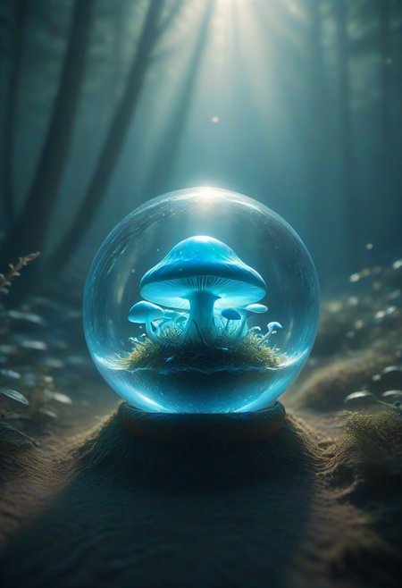photographyGlass ball, inside a dimly lit cavern, magical light blue mushroom, everything contained in a glass sphere, crystal statue of mushrooms inside the glass ball, night, glowing, sea background, 
(quantum waveform:0.7)