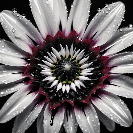 macro close-up of an exotic flower, velvety petals, vibrant colors, black-and-white pixelated teardrop emerging from the center, glitches and distortions within the pixelation, water droplets, high contrast, sharp focus, hyperrealistic detail