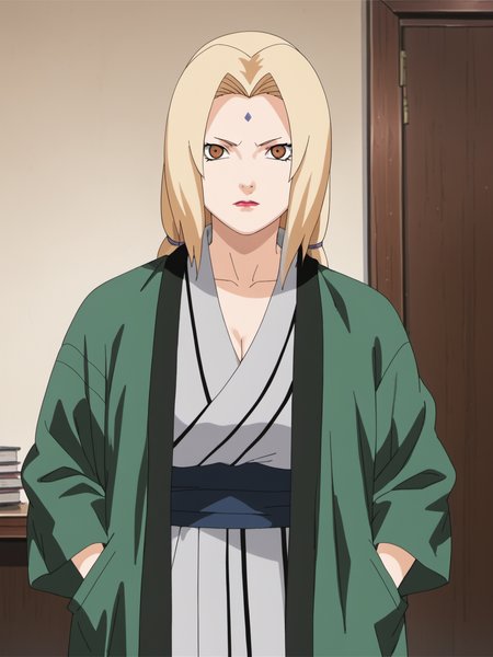 naruto style, hard shadows, anime_screencap, anime_core, score_9, score_8_up, score_7_up, solo, <lora:tsunade_train_v5:0.9>, tsunade,brown eyes,uper body,sunade's green Jacket \(outfit\), red nails,indoors, looking at viewer,  front view