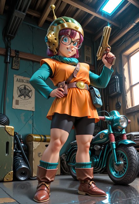 SmoothNoob_Quality, (toriyama akira:1.5), manga style, lucca ashtear,  \(chrono trigger\), ankle boots, belt, belt pouch, bike shorts, blue eyes, boots, brown footwear, laser pistol, full body, glasses, gun, hand on hip, helmet, holding gun, long sleeves, orange dress, pouch, purple hair, solo, standing, garage, looking at viewer, grin,