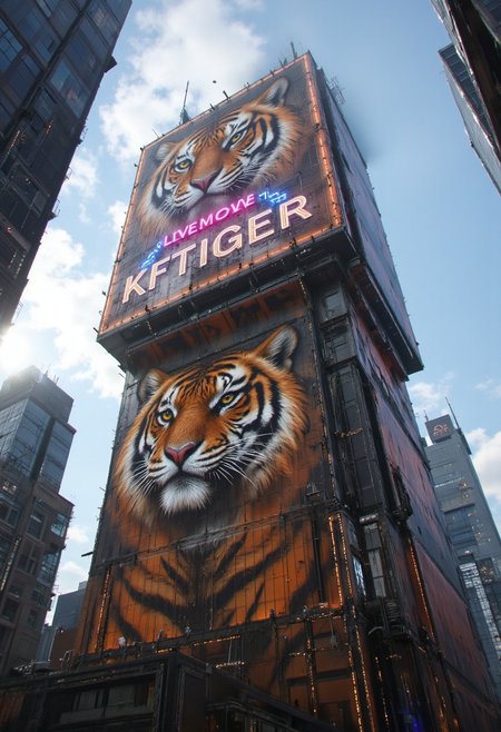 in the style of ck-sfc, low angle view of a skyscraper adorned with tiger stripes, a big intricate neon sign that reads:"KFTIGER" on top, sunny weather in background,